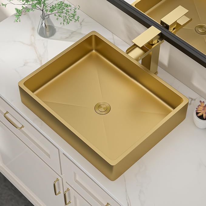 Dcolora 19 In. Gold Drop In Bathroom Vessel Sink, 16 Gauge Stainless Steel, Rectangle Design with Drain Assembly, 15"D x 19"W x 4"H #DC-VS261204