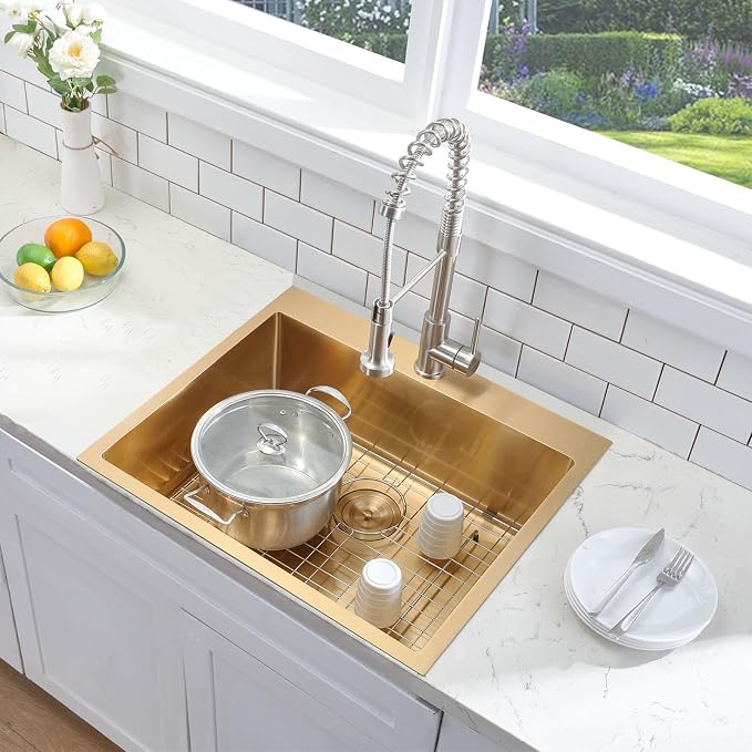 25x22 Gold Kitchen Sink, 25 Inch Drop In Gold RV Laundry Utility Sink, Top Mount 16 Gauge Stainless Steel Single Bowl 8 Inch Deep Small Kitchen Sink