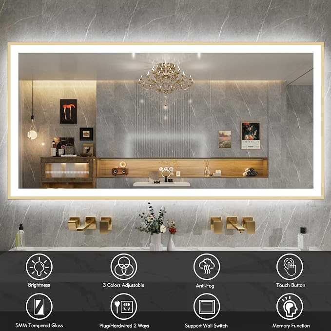 72x36 Inch LED Bthroom Mirror with Gold Frame | Gold Metal Frame, Front and Backlit, 3 Colors, Dimmable, Memory, Anti Fog, Tempered Glass, Lighted Mirror for Wall