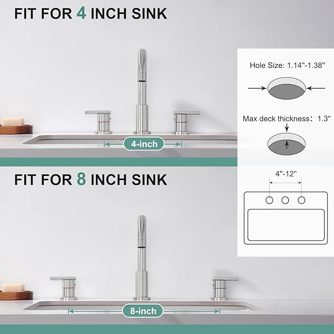 Faustina 3 Hole Bathroom Faucet, Brushed Bathroom Faucets for Sink 3 Hole/Double-Handle/8-Inch Widespread Bathroom Faucet, Stainless Steel Bathroom Vanity Faucet(Pop Up Drain/Supply Line), Brushed
