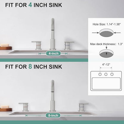 Faustina 3 Hole Bathroom Faucet, Brushed Bathroom Faucets for Sink 3 Hole/Double-Handle/8-Inch Widespread Bathroom Faucet, Stainless Steel Bathroom Vanity Faucet(Pop Up Drain/Supply Line), Brushed