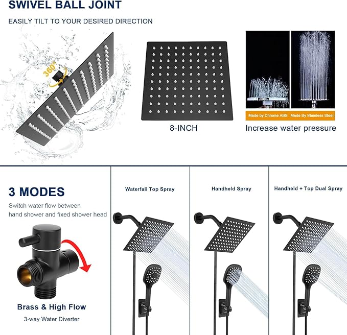 NearMoon Shower Head with Hose, High Pressure Stainless Steel Rain Shower and 3 Settings Handheld Spray Combo with Push Button Flow Control (8 Inch, Matte Black)