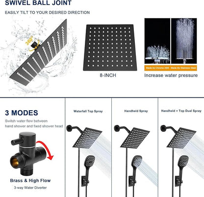 NearMoon Shower Head with Hose, High Pressure Stainless Steel Rain Shower and 3 Settings Handheld Spray Combo with Push Button Flow Control (8 Inch, Matte Black)