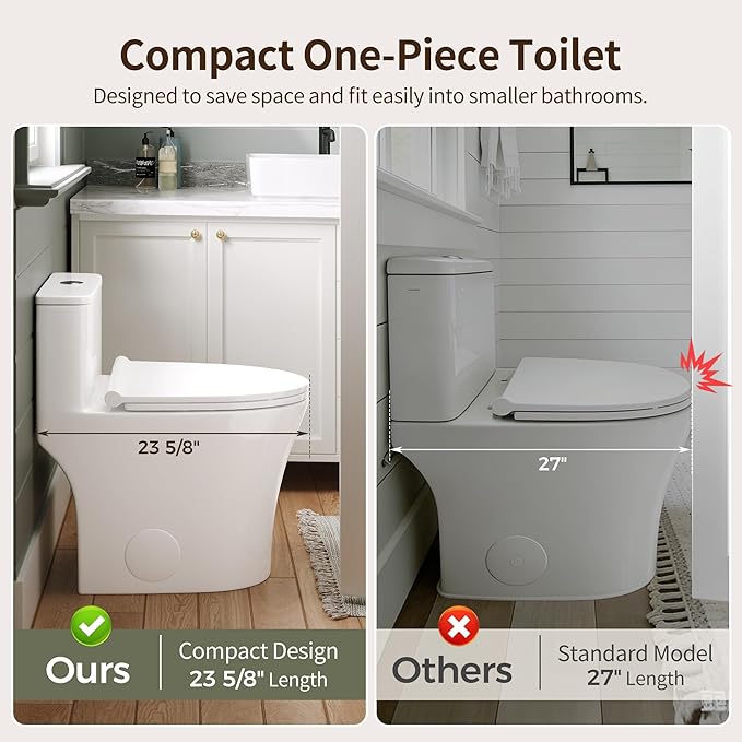 DeerValley Compact One-Piece Toilet 1.28 GPF Single Flush Fully Skirted Bowl with Soft-Close Seat White Space-Saving Elongated Toilets for Small Bathrooms