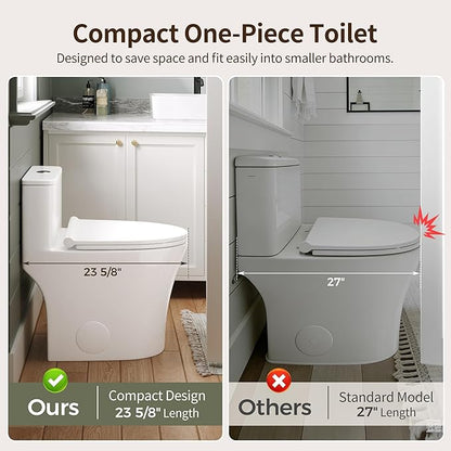 DeerValley Compact One-Piece Toilet 1.28 GPF Single Flush Fully Skirted Bowl with Soft-Close Seat White Space-Saving Elongated Toilets for Small Bathrooms