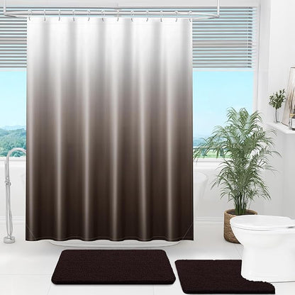 OLANLY Luxury Light Brown and White Ombre Shower Curtain Sets with 12 Hooks, Waterproof and Washable Decorative Shower Curtains for Bathroom, 72x72 Inches