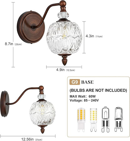 1 Piece Vintage Wall Sconce, 1-Light Mid Century Antique Red Bronze Finish Wall Sconce with Globe Glass Shade, Retro Light for Bathroom, Bedroom, Living Room,Powder Room