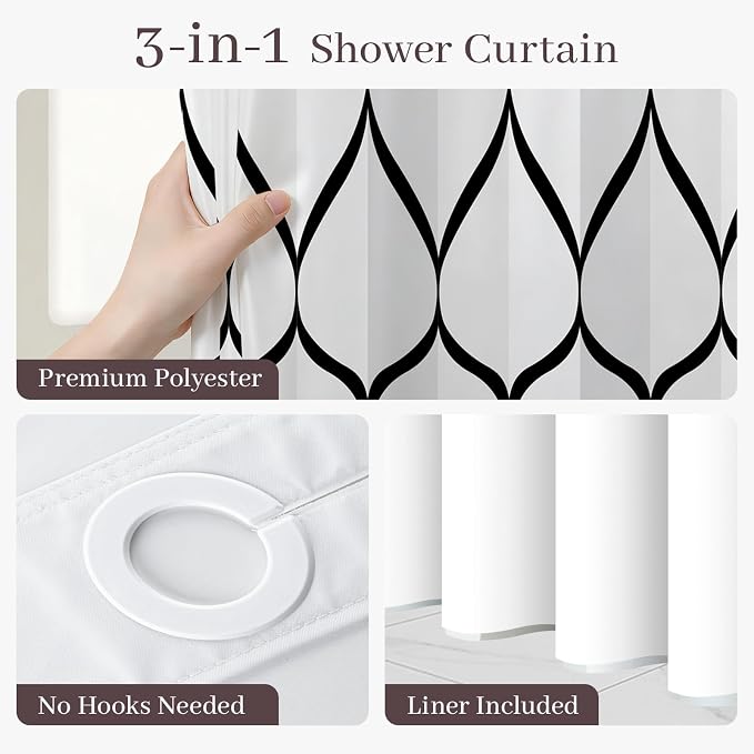 Gelbchu Black White No Hook Shower Curtain with Snap-in Liner, 71 x 74 Inch | Built-In Hooks, Mesh Top Window, Water-Repellent, Machine Washable, Quick Drying, Premium Polyester, Hotel Style, Modern
