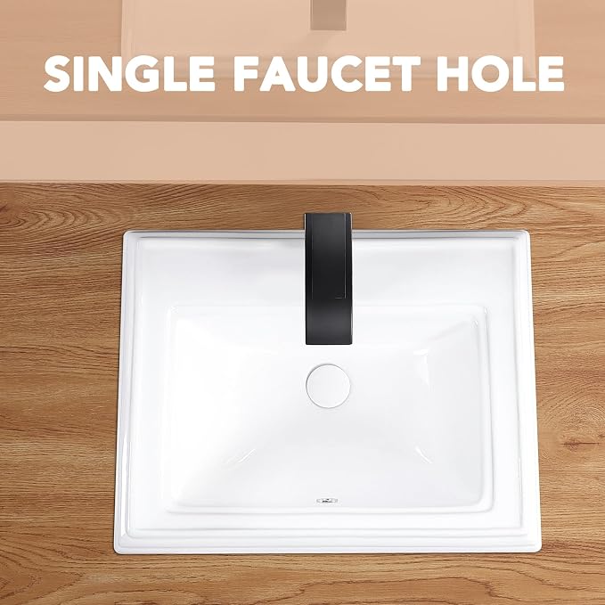 23" Drop-in Bathroom Sink With Single Hole White Ceramic Rectangular Vanity Basin Modern Self-Rimming Design for Master Bath, Powder Room and Guest Bathroom
