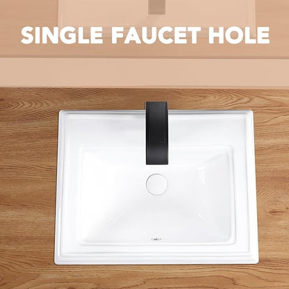 23" Drop-in Bathroom Sink With Single Hole White Ceramic Rectangular Vanity Basin Modern Self-Rimming Design for Master Bath, Powder Room and Guest Bathroom