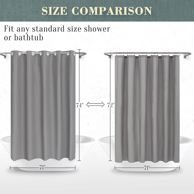 No Hook PEVA Shower Curtain or Liner, Standard Size 71x74, Dark Gray | 8G Heavy Duty, Grey Bathroom Shower Curtain, No Hooks Required, Waterproof Plastic & PVC Free