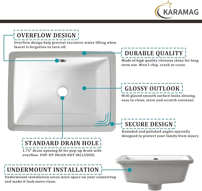 16 Inch Undermount Bathroom Sink Small Rectangle Undermount Sink White Ceramic Under Counter Bathroom Sinks with Overflow (15.70"x11.69")