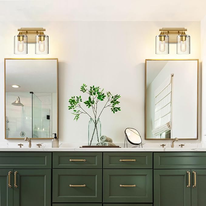 Gold Vanity Lights for Bathroom,2-Light Bathroom Light Fixtures,Brushed Brass Gold Wall Sconce Lighting,Modern Wall Lamp for Mirror Bedroom Vanity Table Hallway