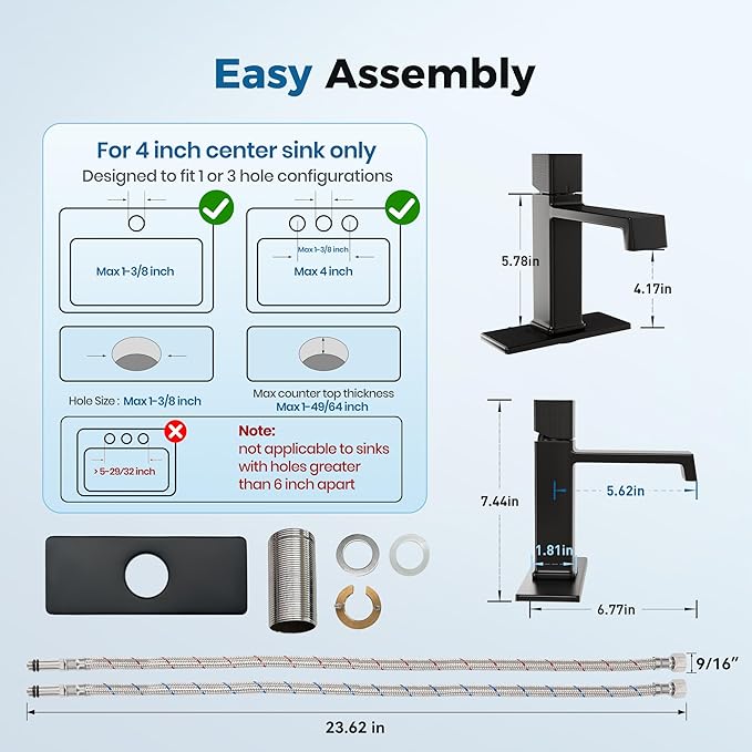Single Handle Bathroom Faucet for 1 or 3 Hole,7.5'' Matte Black Vanity Single Handle Faucet with Solid Brass Body,Easy Install for Bathroom,Vanity