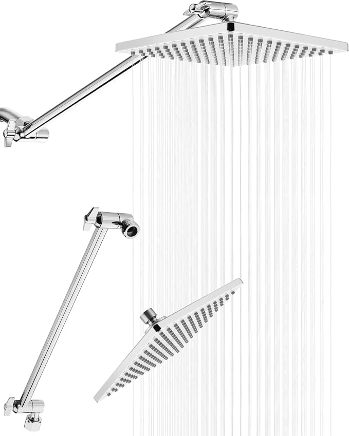 Rain Shower Head, 8'' High Pressure Rainfall Square Showerhead with 15'' Shower Head Extension Arm, 304 Stainless Steel Adjustable Shower Arm Extender, Rainfall Waterfall Fixed Showerheads, Chrome