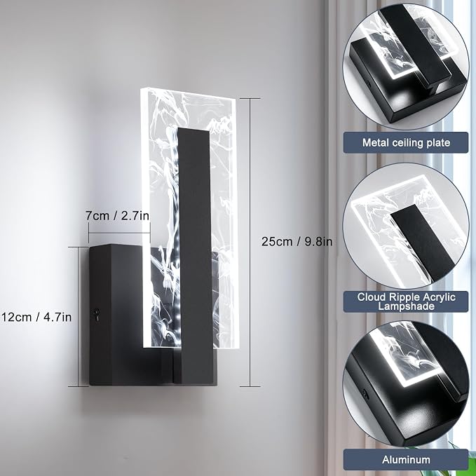 Modern LED Acrylic Black Wall Sconce, 6000K Cool White Bathroom Wall Sconces Set of 2, Hardwired Wall Mount Light Fixtures, 8W Indoor Wall Light Fixtures for Living Room Corridor Bedside