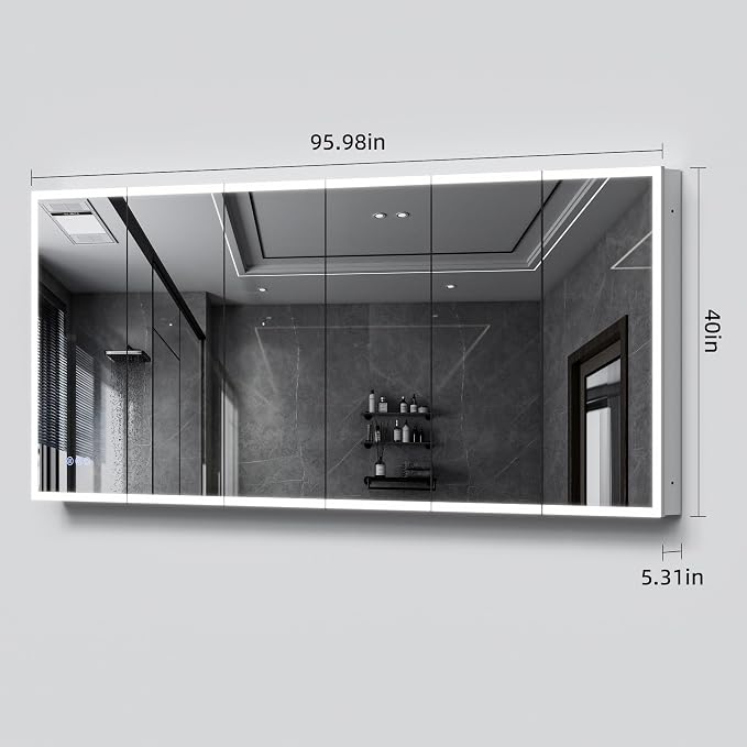 96x40" Extra-Wide LED Medicine Cabinet w/ Mirror, 5-Door Anti-Fog, Bathroom | Smart Touch, 3-Color Dimming, 10-Level Brightness, 5-Door Storage, Adjustable Shelves, DTC Soft-Close, 96" Double Vanity
