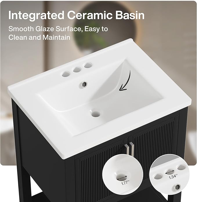 Tribesigns 24" Bathroom Vanity with Sink, Solid Wooden Frame Freestanding Vanity with Ceramic Porcelain Basin, 2-Door Storage Cabinet & Open Shelf for Small Bathroom, Industrial, Black
