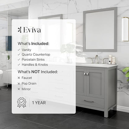 Eviva Aberdeen 78 inch Gray Transitional Double Sink Bathroom Vanity with White Carrara Quartz Countertop and Undermount Porcelain Sinks