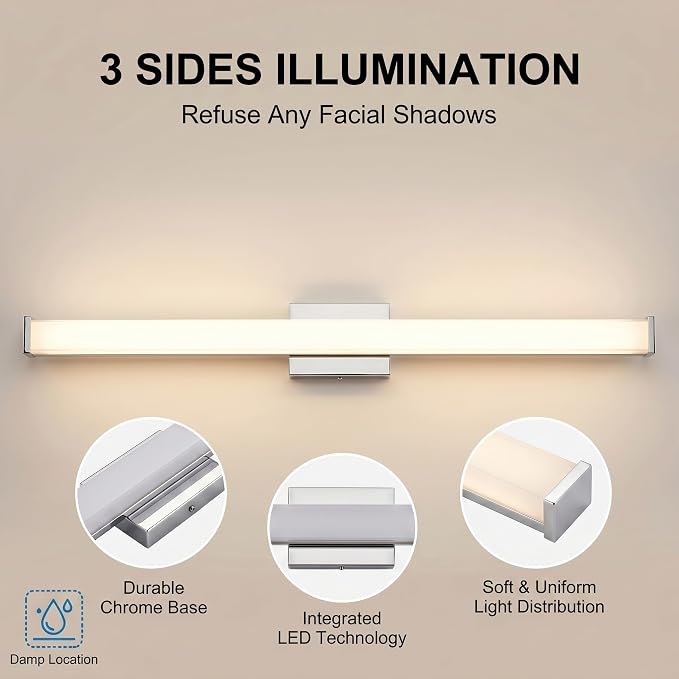 URSOLA 36" Modern LED Bathroom Light Fixtures, Chrome 3CCT Dimmable Bathroom Vanity Light Over Mirror, Bathroom Vanity Bath Bar Lights with Double Layer Acrylic Shade