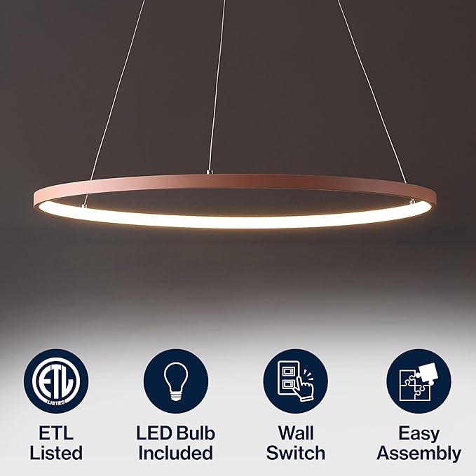 JONATHAN Y 23.75" Matte Pink Modern Integrated LED Pendant Light, Dimmable Round Hoop Chandelier for Kitchen Island, Dining Room, Adjustable Height Metal Hanging Light (JYL7203B)