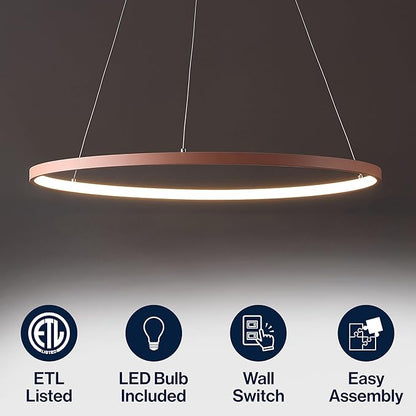 JONATHAN Y 23.75" Matte Pink Modern Integrated LED Pendant Light, Dimmable Round Hoop Chandelier for Kitchen Island, Dining Room, Adjustable Height Metal Hanging Light (JYL7203B)