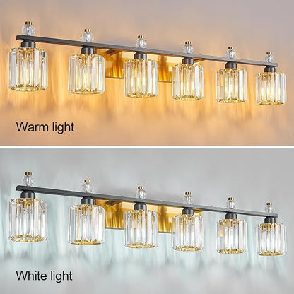Bathroom Vanity Lights 6-Light Black Gold Modern Crystal Vanity Light Fixtures Over Mirror Crystal Bathroom Vanity Lighting Fixtures