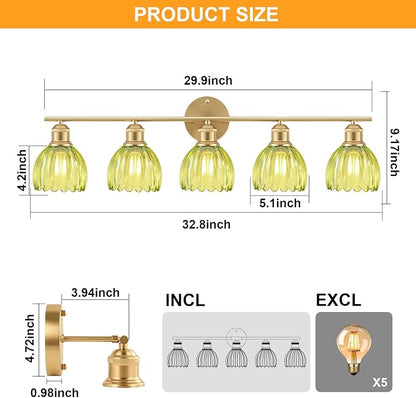 Bathroom Light Fixtures, 5-Light Brushed Gold Vanity Lights for Bathroom with Green Tulip Glass Shade, 30" Vintage Bathroom Vanity Lighting Fixtures Over Mirror for Bedroom Living Room Hallway