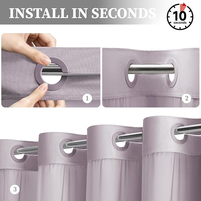 Lavender Ringless Linen Look Shower Curtain with Snap in Liner, 72x75 | 3 in 1 Modern Shower Curtain Set, Removable Liner, Waterproof & Washable, Mesh Top Window, Durable Fabric, Easy to Install