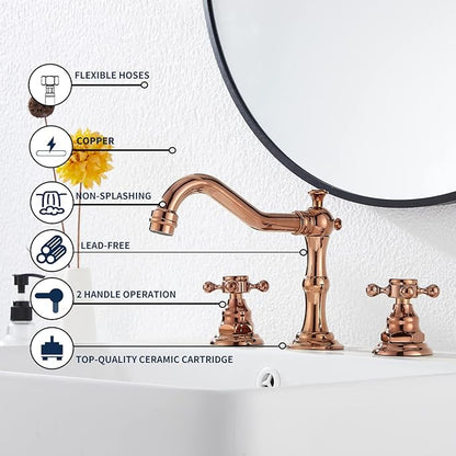 GGStudy 8-16 inch Two Handles 3 Holes Widespread Bathroom Sink Faucet Copper Basin Mixer Tap Faucet Matching Metal Pop Up Drain with Overflow
