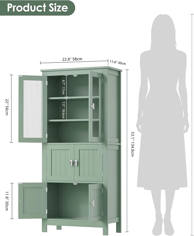 Akxomel 53.1" Tall Bathroom Cabinet 6 Doors Linen Floor Storage Cabinet | Bathroom Floor Cabinet with Adjustable Shelf, Pantry Cabinet for Living Room, Kitchen, Entryway, Green