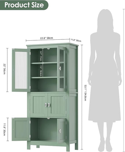 Akxomel 53.1" Tall Bathroom Cabinet 6 Doors Linen Floor Storage Cabinet | Bathroom Floor Cabinet with Adjustable Shelf, Pantry Cabinet for Living Room, Kitchen, Entryway, Green