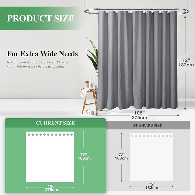 Extra Wide Waffle Shower Curtain 256 GSM Fabric 108x72 Grey/Gray | 108 Inch Wide, Thick Cloth, Weighted Hem, Water Repellent, Hotel Luxury Polyester Shower Curtain Set for Bathroom 18 Hooks