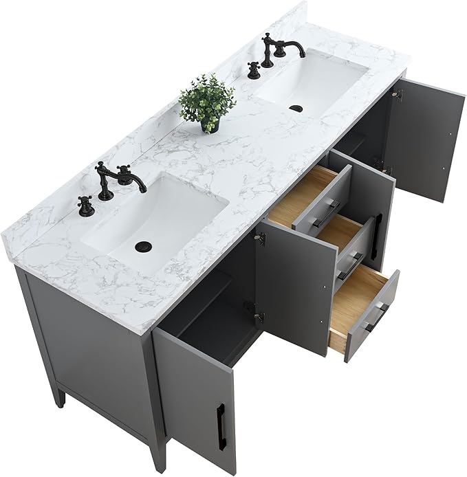 HomeBeyond 72 Inch Bathroom Vanity with Sink & Ceramic Top, Double Vanity Cabinet with Basin, Soft-Closing Doors & Matte Black Hardware, Grey