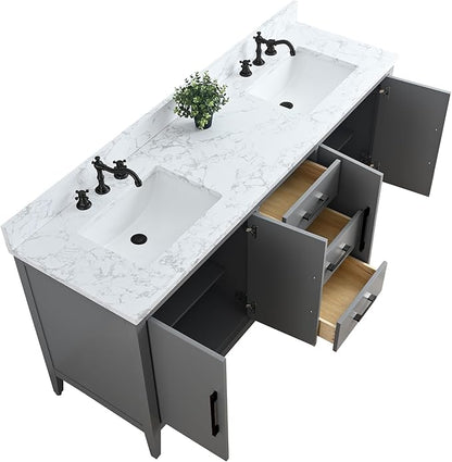 HomeBeyond 72 Inch Bathroom Vanity with Sink & Ceramic Top, Double Vanity Cabinet with Basin, Soft-Closing Doors & Matte Black Hardware, Grey