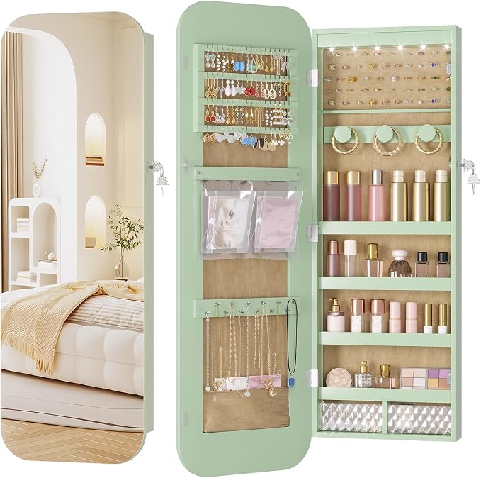 LVSOMT 6 LEDs Mirror Jewelry Cabinet Door Hanging, 42.5", Lockable, Green | Jewelry Organizer with Full Length Mirror, Wall Mounted Large Jewelry Storage for Earrings, Rings, Necklaces