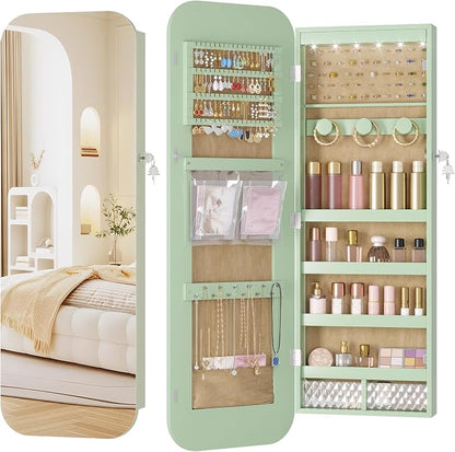 LVSOMT 6 LEDs Mirror Jewelry Cabinet Door Hanging, 42.5", Lockable, Green | Jewelry Organizer with Full Length Mirror, Wall Mounted Large Jewelry Storage for Earrings, Rings, Necklaces