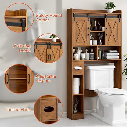 Vabches Over The Toilet Storage Cabinet with Sliding Doors, Caramel | Farmhouse Storage Cabinet Over Toilet, Home Space-Saving Toilet Rack, Toilet Paper Holder Stand,for Restroom,Bathroom,Laundry