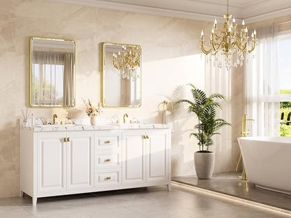 Brushed Gold Bathroom Mirror for Over Sink 24 x 36 Beveled Edge Tempered Glass, Rounded Corner Rectangle Framed Mirror for Modern Bathroom, Living Room, Bedroom, Entryway