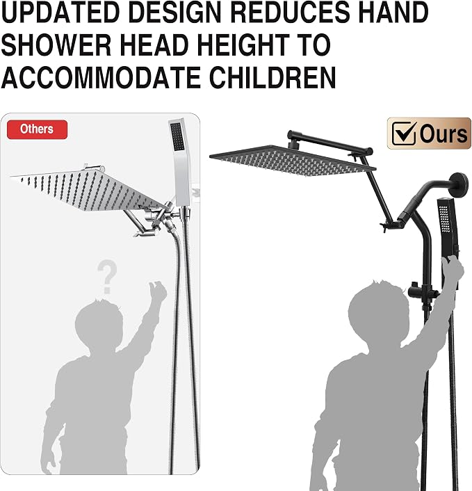 All Metal 10 Inch Rain Shower Head with Handheld Built-in Power Wash Mode, High Pressure Waterfall Rainfall Square Shower Heads with 16" Adjustable Extension Arm, Dual Showerhead, Matte Black