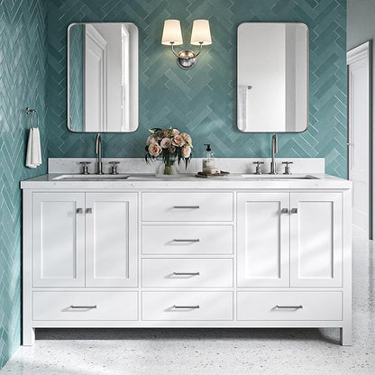 DKB Beckford 72 Inch Bathroom Vanity Double Sink — White Bathroom Vanity with Sink, 1.5" Edge Carrara White Quartz Countertop & Backsplash, 4 Soft-Close Doors, 6 Dovetail Drawers