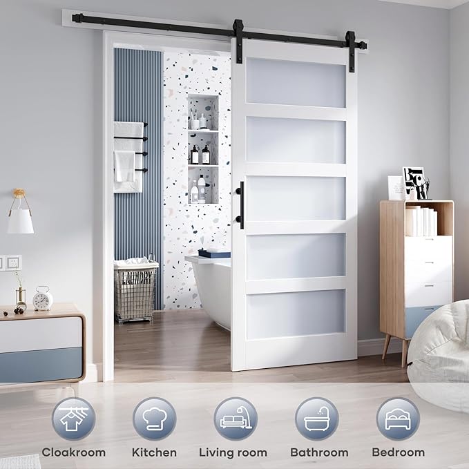 34x84 Inch Glass Sliding Barn Door Slab and 6ft Hardware Kit Included, 5 Frosted Glass, LVL Wood Panel Covered with White Water-Proof Scratch-Proof PVC Surface, Simple DIY Assembly
