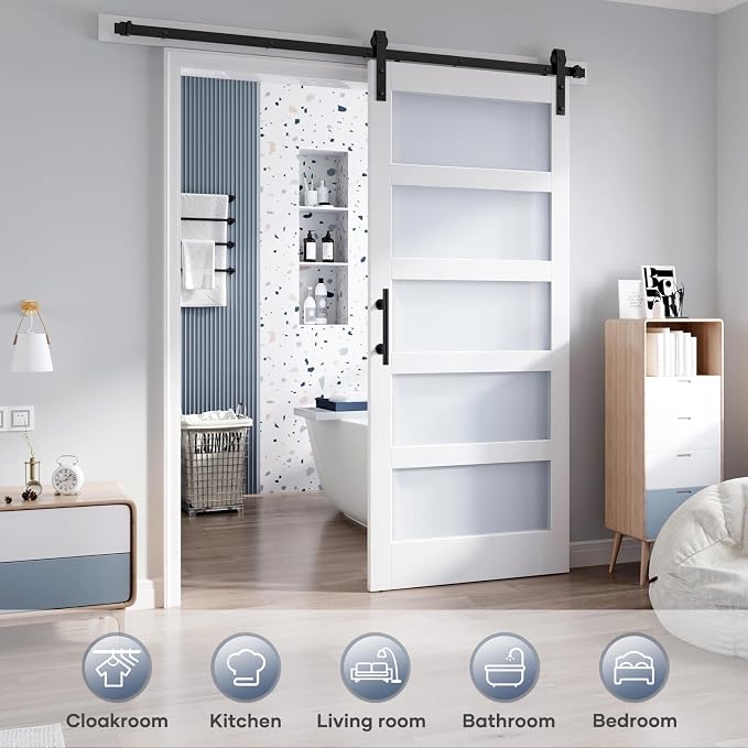 36x80 Inch Glass Sliding Barn Door Slab and 6.6ft Hardware Kit Included, 5 Frosted Glass, LVL Wood Panel Covered with White Water-Proof Scratch-Proof PVC Surface, Simple DIY Assembly