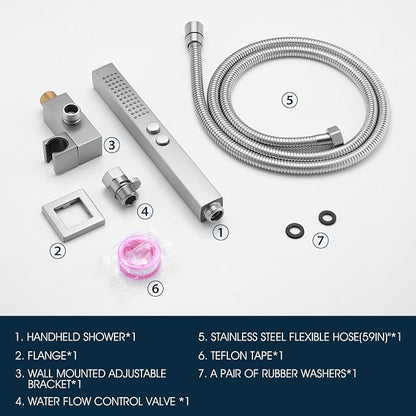 All-Metal High Pressure Square Handheld Shower Head with Jet Spray and Rainfall Modes, Volume Control Regulator, ON/OFF Switch, Hose and Wall Mounted Adjustable Bracket (Brushed Nickel)