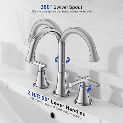 Bathroom Faucets for Sink 3 Hole, Hurran Chrome Bathroom Sink Faucet with Pop-up Drain and Supply Lines, Stainless Steel Lead-Free Widespread Faucet for Vanity RV Farmhouse, 2 Pack