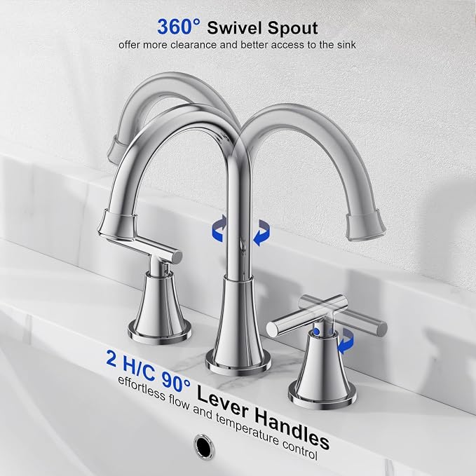 Bathroom Faucet 3 Hole, Chrome Faucets with Pop-up Drain and Supply Lines | Hurran Stainless Steel Lead-Free Widespread Bathroom Sink Faucet for Vanity RV Restroom Laundry Outdoor Utility Sink