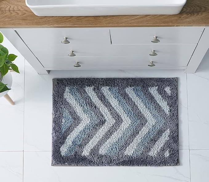 Hearth & Harbor Bathroom Rugs, Shaggy Plush Bath Mat, Ultra Soft Non Slip Backing Rubber, Chevron Design Bath Rug, Blue/Grey, 17 x 24 Inch