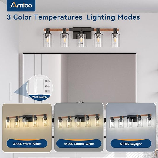 Amico Farmhouse Vanity Light Fixtures, Rustic 5-Light Industrial Painted Wood Lights for Bathroom, Vintage Black Wall Sconces with Bubble Glass Shade