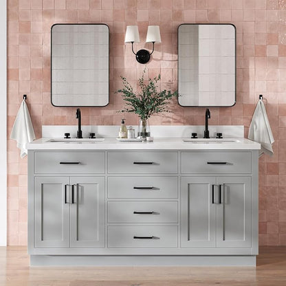 Isabella 66" Grey Double Bathroom Vanity, 1.5" Pure White Quartz Countertop, Rectangular Undermount Sinks, 4 Soft Closing Doors, 6 Dovetail Drawers