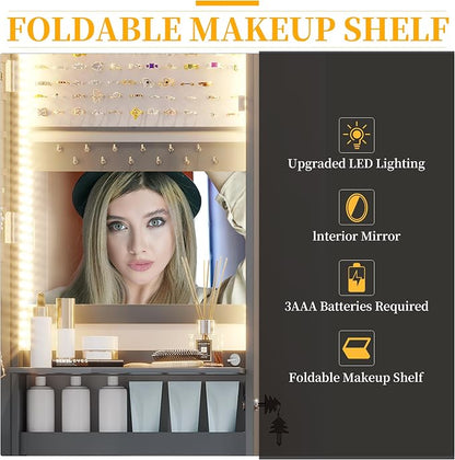 47.2" LED Jewelry Mirror Cabinet, Wall/Door Mounted Jewelry Armoire Organizer with Full Length Mirror, Large Storage Hanging Cabinet, 4 Drawers, 5 Shelves, Built-in Lighted Mirror (Grey)